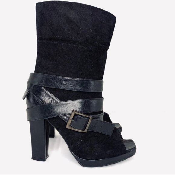 SEPALA BY MIHAELA GLAVAN BELTED THICK LEATHER SUEDE HEELED OPEN TOE  ANKLE BOOTS - Picture 2 of 14